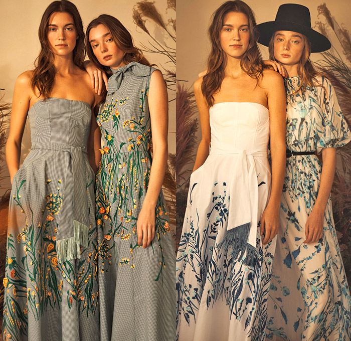 Lela Rose 2020 Pre-Fall Autumn Womens Lookbook Presentation - Rey Rosa Texas Toile De Jouy Bluebonnet Wildflowers Flowers Floral Embroidery Sequins Paillettes Owl Dog Cowgirl Horse Wheat Stalks Wood Fence Wooden Fence Hat Neck Scarf Shirtdress Strapless Maxi Dress Prairie Pellegrina Cape Check Plaid Tiered Fringes Tied Sash Waist Sleeveless Bell Sleeves Mesh Crop Top Midriff Knit Weave Holes Quilted Denim Jeans Poodle Circle Skirt Boots