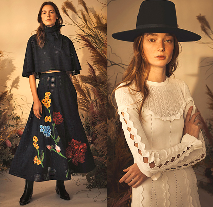 Lela Rose 2020 Pre-Fall Autumn Womens Lookbook Presentation - Rey Rosa Texas Toile De Jouy Bluebonnet Wildflowers Flowers Floral Embroidery Sequins Paillettes Owl Dog Cowgirl Horse Wheat Stalks Wood Fence Wooden Fence Hat Neck Scarf Shirtdress Strapless Maxi Dress Prairie Pellegrina Cape Check Plaid Tiered Fringes Tied Sash Waist Sleeveless Bell Sleeves Mesh Crop Top Midriff Knit Weave Holes Quilted Denim Jeans Poodle Circle Skirt Boots