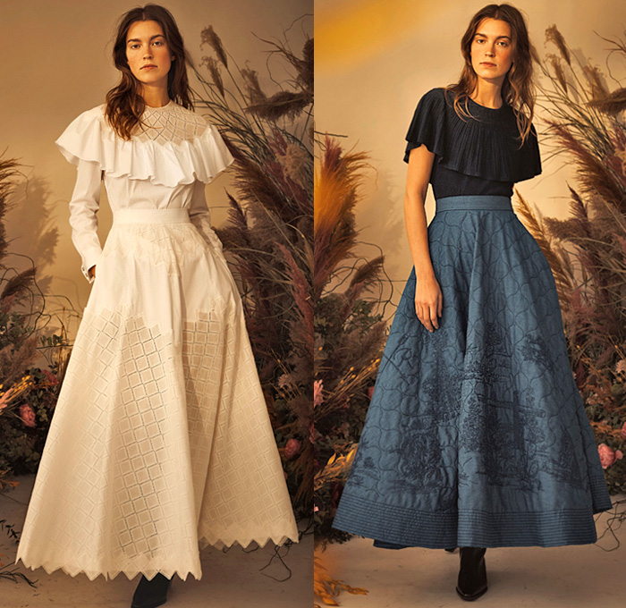 Lela Rose 2020 Pre-Fall Autumn Womens Lookbook Presentation - Rey Rosa Texas Toile De Jouy Bluebonnet Wildflowers Flowers Floral Embroidery Sequins Paillettes Owl Dog Cowgirl Horse Wheat Stalks Wood Fence Wooden Fence Hat Neck Scarf Shirtdress Strapless Maxi Dress Prairie Pellegrina Cape Check Plaid Tiered Fringes Tied Sash Waist Sleeveless Bell Sleeves Mesh Crop Top Midriff Knit Weave Holes Quilted Denim Jeans Poodle Circle Skirt Boots