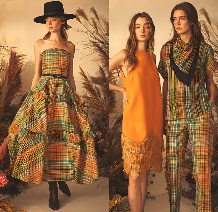 Lela Rose 2020 Pre-Fall Autumn Womens Lookbook Presentation - Rey Rosa Texas Toile De Jouy Bluebonnet Wildflowers Flowers Floral Embroidery Sequins Paillettes Owl Dog Cowgirl Horse Wheat Stalks Wood Fence Wooden Fence Hat Neck Scarf Shirtdress Strapless Maxi Dress Prairie Pellegrina Cape Check Plaid Tiered Fringes Tied Sash Waist Sleeveless Bell Sleeves Mesh Crop Top Midriff Knit Weave Holes Quilted Denim Jeans Poodle Circle Skirt Boots