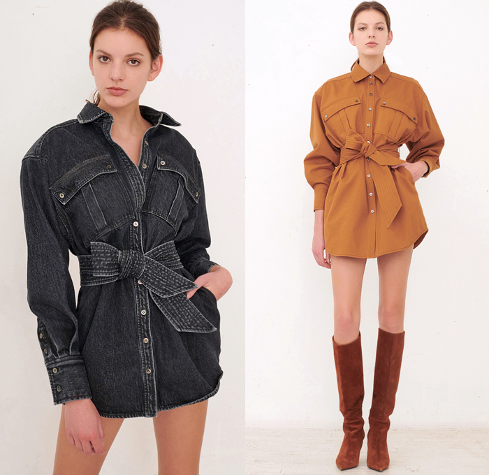 Marissa Webb 2020 Pre-Fall Autumn Womens Lookbook Presentation - Long Sleeve Blouse Asymmetrical Zipper Knit Turtleneck Sweater Blazer Robe Kimono Blazerdress Onesie Jumpsuit Shirtdress Blousedress Camo Camouflage Pattern Jacket Flap Cargo Pockets High Paper Bag Waist Denim Jeans Miniskirt Sweater Jogger Shorts Boots