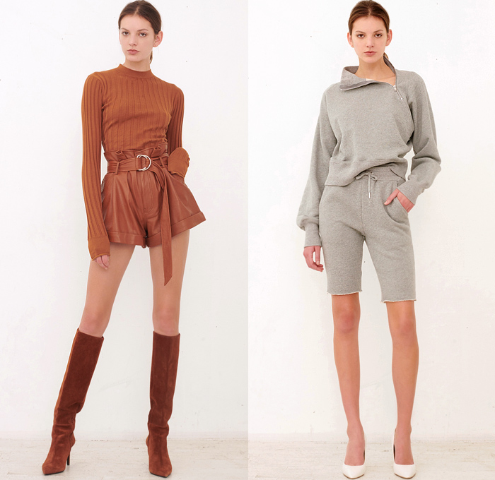 Marissa Webb 2020 Pre-Fall Autumn Womens Lookbook Presentation - Long Sleeve Blouse Asymmetrical Zipper Knit Turtleneck Sweater Blazer Robe Kimono Blazerdress Onesie Jumpsuit Shirtdress Blousedress Camo Camouflage Pattern Jacket Flap Cargo Pockets High Paper Bag Waist Denim Jeans Miniskirt Sweater Jogger Shorts Boots