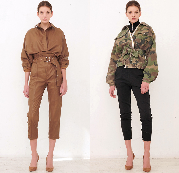 Marissa Webb 2020 Pre-Fall Autumn Womens Lookbook Presentation - Long Sleeve Blouse Asymmetrical Zipper Knit Turtleneck Sweater Blazer Robe Kimono Blazerdress Onesie Jumpsuit Shirtdress Blousedress Camo Camouflage Pattern Jacket Flap Cargo Pockets High Paper Bag Waist Denim Jeans Miniskirt Sweater Jogger Shorts Boots