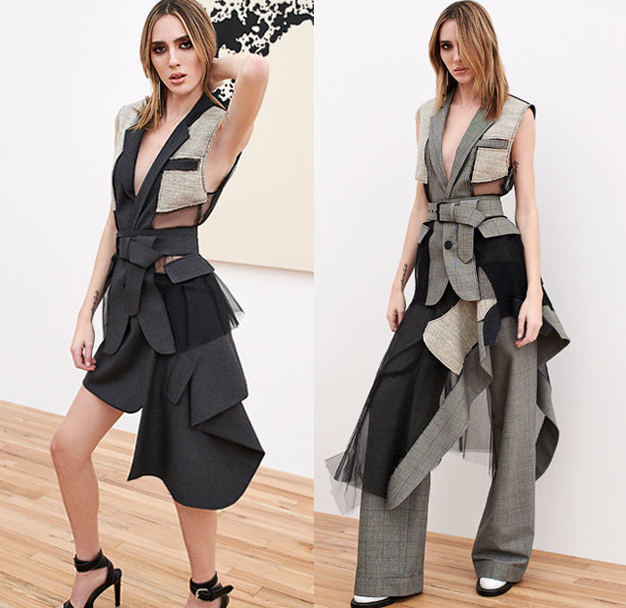 Monse 2020 Pre-Fall Autumn Womens Lookbook Presentation - Deconstructed Hybrid Frayed Raw Hem Patchwork Panels Sheer Tulle Double Lapel Blazerdress Houndstooth Pied-de-Poule Check Plaid Herringbone Sleeveless Asymmetrical Accordion Pleats Miniskirt Polka Dots Blouse Monogram Sash Tassels Fringes Cross Halterneck Top Draped Dress Strapless Knit Sweater Jumper Bedazzled Sequins Embroidery Reverse Collar One Shoulder Stripes Wrap Gown Wide Leg Palazzo Pants Heels