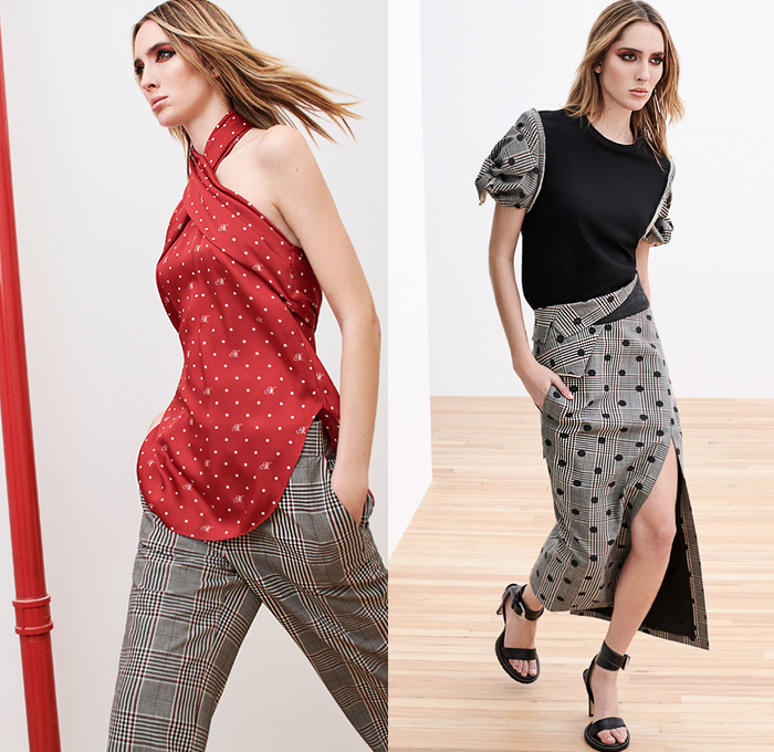 Monse 2020 Pre-Fall Autumn Womens Lookbook Presentation - Deconstructed Hybrid Frayed Raw Hem Patchwork Panels Sheer Tulle Double Lapel Blazerdress Houndstooth Pied-de-Poule Check Plaid Herringbone Sleeveless Asymmetrical Accordion Pleats Miniskirt Polka Dots Blouse Monogram Sash Tassels Fringes Cross Halterneck Top Draped Dress Strapless Knit Sweater Jumper Bedazzled Sequins Embroidery Reverse Collar One Shoulder Stripes Wrap Gown Wide Leg Palazzo Pants Heels