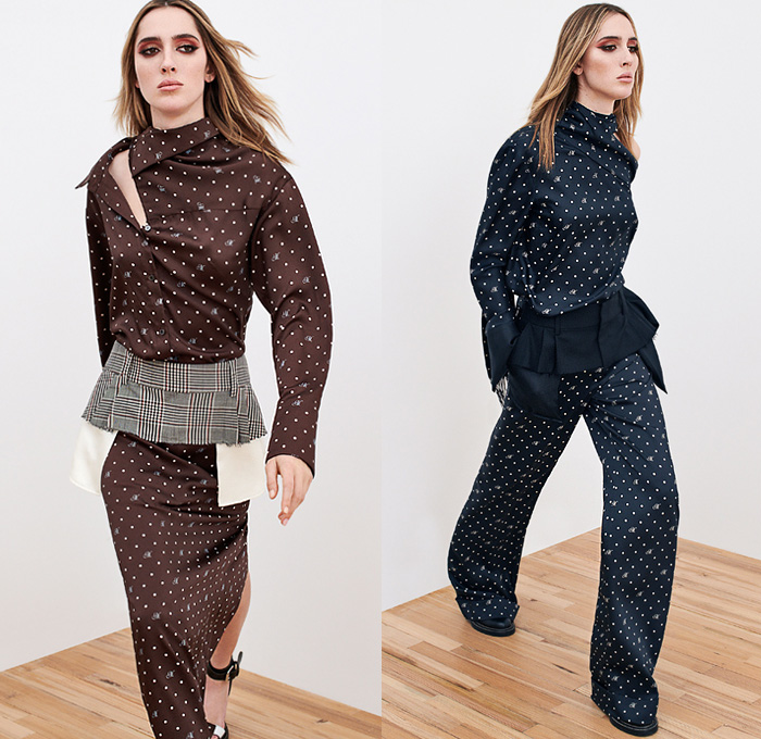 Monse 2020 Pre-Fall Autumn Womens Lookbook Presentation - Deconstructed Hybrid Frayed Raw Hem Patchwork Panels Sheer Tulle Double Lapel Blazerdress Houndstooth Pied-de-Poule Check Plaid Herringbone Sleeveless Asymmetrical Accordion Pleats Miniskirt Polka Dots Blouse Monogram Sash Tassels Fringes Cross Halterneck Top Draped Dress Strapless Knit Sweater Jumper Bedazzled Sequins Embroidery Reverse Collar One Shoulder Stripes Wrap Gown Wide Leg Palazzo Pants Heels