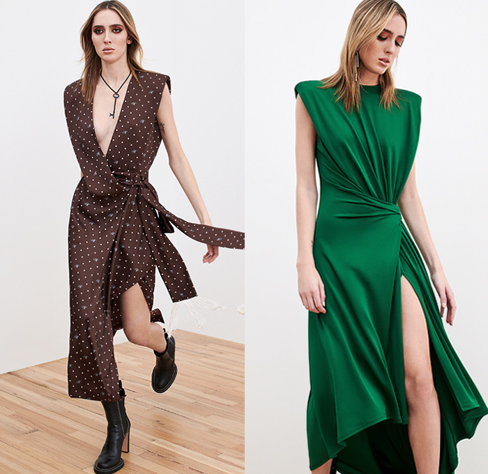 Monse 2020 Pre-Fall Autumn Womens Lookbook Presentation - Deconstructed Hybrid Frayed Raw Hem Patchwork Panels Sheer Tulle Double Lapel Blazerdress Houndstooth Pied-de-Poule Check Plaid Herringbone Sleeveless Asymmetrical Accordion Pleats Miniskirt Polka Dots Blouse Monogram Sash Tassels Fringes Cross Halterneck Top Draped Dress Strapless Knit Sweater Jumper Bedazzled Sequins Embroidery Reverse Collar One Shoulder Stripes Wrap Gown Wide Leg Palazzo Pants Heels