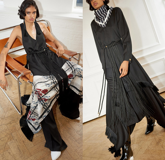 Mother of Pearl 2020 Pre-Fall Autumn Womens Lookbook Presentation - Rope Tie Up Waist Fringes Trims Maxi Dress Check Scribble Drawings Long Neck Scarf Draped Tassels Shirtdress Djellaba Tights Leggings Cinch Pleated Sleeves Silk Satin Flowers Floral Plaid Check Stripes Print Layers Peplum Handkerchief Hem Coat Robe Wrap Wide Leg Slouchy Pants Boots Kitten Ball Heels