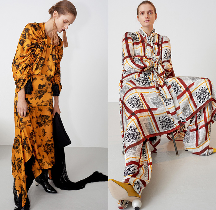 Mother of Pearl 2020 Pre-Fall Autumn Womens Lookbook Presentation - Rope Tie Up Waist Fringes Trims Maxi Dress Check Scribble Drawings Long Neck Scarf Draped Tassels Shirtdress Djellaba Tights Leggings Cinch Pleated Sleeves Silk Satin Flowers Floral Plaid Check Stripes Print Layers Peplum Handkerchief Hem Coat Robe Wrap Wide Leg Slouchy Pants Boots Kitten Ball Heels