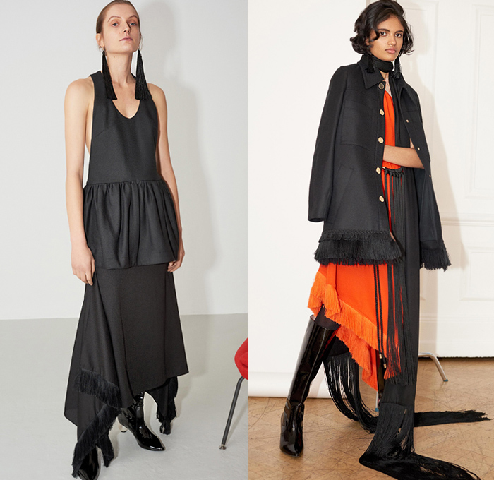 Mother of Pearl 2020 Pre-Fall Autumn Womens Lookbook Presentation - Rope Tie Up Waist Fringes Trims Maxi Dress Check Scribble Drawings Long Neck Scarf Draped Tassels Shirtdress Djellaba Tights Leggings Cinch Pleated Sleeves Silk Satin Flowers Floral Plaid Check Stripes Print Layers Peplum Handkerchief Hem Coat Robe Wrap Wide Leg Slouchy Pants Boots Kitten Ball Heels