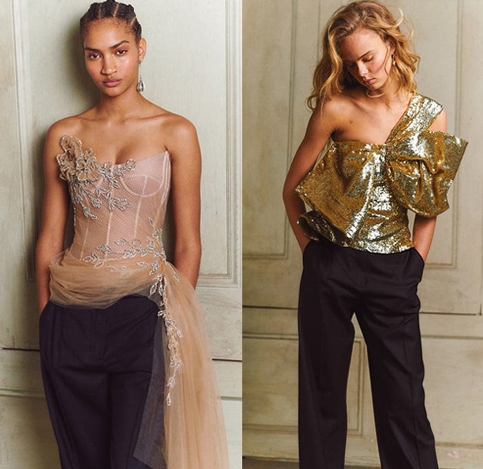 Oscar de la Renta 2020 Pre-Fall Autumn Womens Lookbook Presentation - Northern Italy Grand Villas Onesie Jumpsuit Coveralls Strapless Bedazzled Embroidery Sequins Crystals Sheer Tulle Mesh Giant Bow Trompe L'oeil Flowers Floral Leaves Foliage Tiered Accordion Pleats Puff Sleeves Pantsuit Tied Open Back Cape Miniskirt Outerwear Coat Landscape Forest Knit Weave Metallic Sheen Mullet High-Low Hem Ombré Gradient One Shoulder Hanging Sleeve Maxi Dress Gown Eveningwear