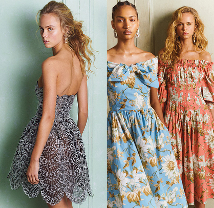 Oscar de la Renta 2020 Pre-Fall Autumn Womens Lookbook Presentation - Northern Italy Grand Villas Onesie Jumpsuit Coveralls Strapless Bedazzled Embroidery Sequins Crystals Sheer Tulle Mesh Giant Bow Trompe L'oeil Flowers Floral Leaves Foliage Tiered Accordion Pleats Puff Sleeves Pantsuit Tied Open Back Cape Miniskirt Outerwear Coat Landscape Forest Knit Weave Metallic Sheen Mullet High-Low Hem Ombré Gradient One Shoulder Hanging Sleeve Maxi Dress Gown Eveningwear