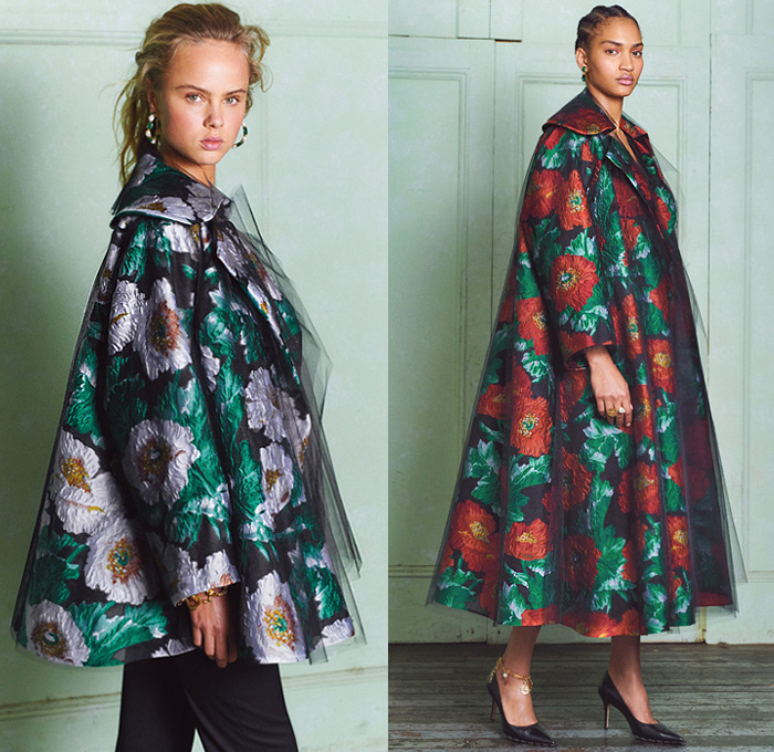 Oscar de la Renta 2020 Pre-Fall Autumn Womens Lookbook Presentation - Northern Italy Grand Villas Onesie Jumpsuit Coveralls Strapless Bedazzled Embroidery Sequins Crystals Sheer Tulle Mesh Giant Bow Trompe L'oeil Flowers Floral Leaves Foliage Tiered Accordion Pleats Puff Sleeves Pantsuit Tied Open Back Cape Miniskirt Outerwear Coat Landscape Forest Knit Weave Metallic Sheen Mullet High-Low Hem Ombré Gradient One Shoulder Hanging Sleeve Maxi Dress Gown Eveningwear