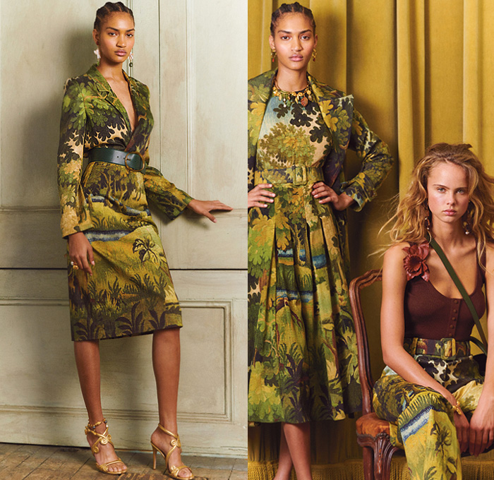 Oscar de la Renta 2020 Pre-Fall Autumn Womens Lookbook Presentation - Northern Italy Grand Villas Onesie Jumpsuit Coveralls Strapless Bedazzled Embroidery Sequins Crystals Sheer Tulle Mesh Giant Bow Trompe L'oeil Flowers Floral Leaves Foliage Tiered Accordion Pleats Puff Sleeves Pantsuit Tied Open Back Cape Miniskirt Outerwear Coat Landscape Forest Knit Weave Metallic Sheen Mullet High-Low Hem Ombré Gradient One Shoulder Hanging Sleeve Maxi Dress Gown Eveningwear