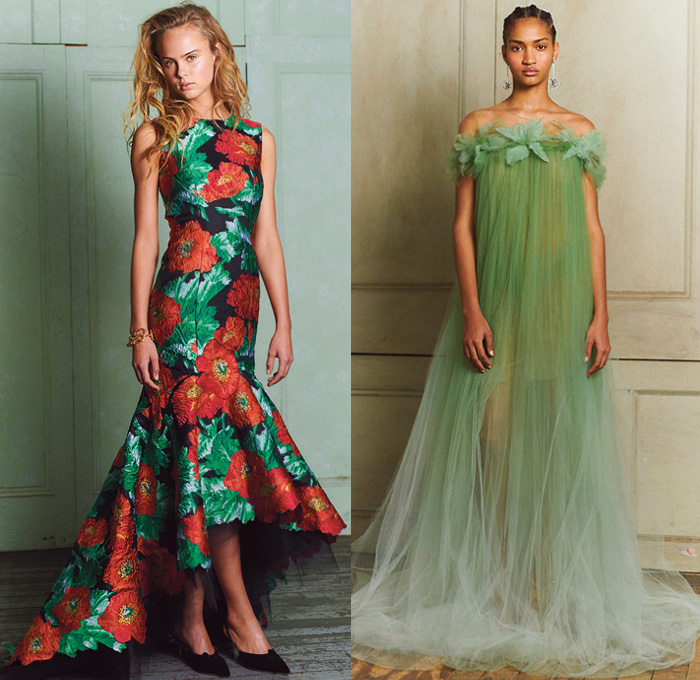 Oscar de la Renta 2020 Pre-Fall Autumn Womens Lookbook Presentation - Northern Italy Grand Villas Onesie Jumpsuit Coveralls Strapless Bedazzled Embroidery Sequins Crystals Sheer Tulle Mesh Giant Bow Trompe L'oeil Flowers Floral Leaves Foliage Tiered Accordion Pleats Puff Sleeves Pantsuit Tied Open Back Cape Miniskirt Outerwear Coat Landscape Forest Knit Weave Metallic Sheen Mullet High-Low Hem Ombré Gradient One Shoulder Hanging Sleeve Maxi Dress Gown Eveningwear
