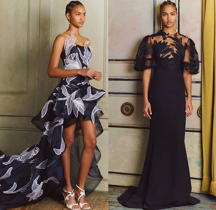 Oscar de la Renta 2020 Pre-Fall Autumn Womens Lookbook Presentation - Northern Italy Grand Villas Onesie Jumpsuit Coveralls Strapless Bedazzled Embroidery Sequins Crystals Sheer Tulle Mesh Giant Bow Trompe L'oeil Flowers Floral Leaves Foliage Tiered Accordion Pleats Puff Sleeves Pantsuit Tied Open Back Cape Miniskirt Outerwear Coat Landscape Forest Knit Weave Metallic Sheen Mullet High-Low Hem Ombré Gradient One Shoulder Hanging Sleeve Maxi Dress Gown Eveningwear