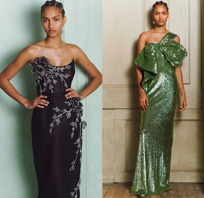 Oscar de la Renta 2020 Pre-Fall Autumn Womens Lookbook Presentation - Northern Italy Grand Villas Onesie Jumpsuit Coveralls Strapless Bedazzled Embroidery Sequins Crystals Sheer Tulle Mesh Giant Bow Trompe L'oeil Flowers Floral Leaves Foliage Tiered Accordion Pleats Puff Sleeves Pantsuit Tied Open Back Cape Miniskirt Outerwear Coat Landscape Forest Knit Weave Metallic Sheen Mullet High-Low Hem Ombré Gradient One Shoulder Hanging Sleeve Maxi Dress Gown Eveningwear