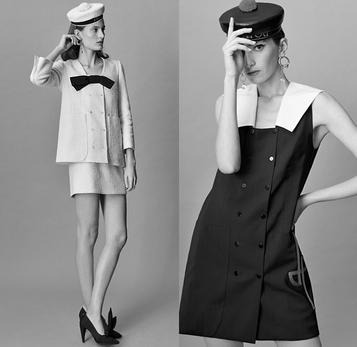 Patou 2020 Pre-Fall Autumn Womens Lookbook Presentation - Sailor Cap Marinière Logo Embroidery Heart Lace Mesh Eyelets Giant Big Bow Tweed Jacket Strapless Poufy Shoulers Puff Bell Sleeves Voluminous Nun Habit Hat Hood Noodle Strap Knit Weave Crochet Ruffles Dress Bird Feathers Plumage Twisted Front Gown Bedazzled Beads Collar Organic Denim Jeans Coat Corduroy Wide Leg Palazzo Pants Miniskirt Rabbit Bunny Ears Heels Platforms Espadrilles Wedge Pom-Poms Basket Handbag