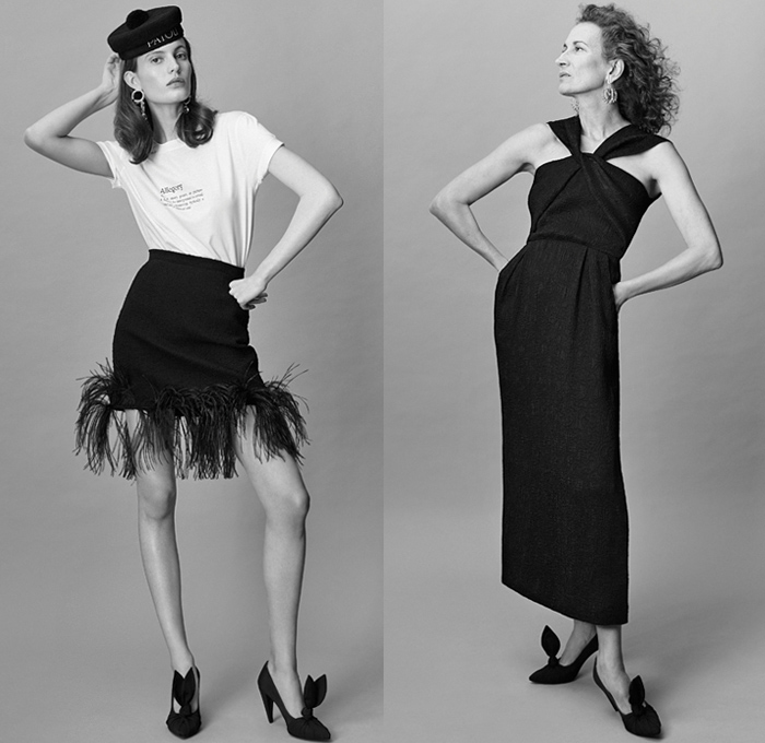 Patou 2020 Pre-Fall Autumn Womens Lookbook Presentation - Sailor Cap Marinière Logo Embroidery Heart Lace Mesh Eyelets Giant Big Bow Tweed Jacket Strapless Poufy Shoulers Puff Bell Sleeves Voluminous Nun Habit Hat Hood Noodle Strap Knit Weave Crochet Ruffles Dress Bird Feathers Plumage Twisted Front Gown Bedazzled Beads Collar Organic Denim Jeans Coat Corduroy Wide Leg Palazzo Pants Miniskirt Rabbit Bunny Ears Heels Platforms Espadrilles Wedge Pom-Poms Basket Handbag