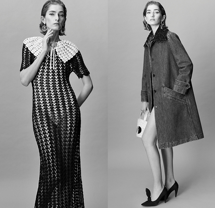 Patou 2020 Pre-Fall Autumn Womens Lookbook Presentation - Sailor Cap Marinière Logo Embroidery Heart Lace Mesh Eyelets Giant Big Bow Tweed Jacket Strapless Poufy Shoulers Puff Bell Sleeves Voluminous Nun Habit Hat Hood Noodle Strap Knit Weave Crochet Ruffles Dress Bird Feathers Plumage Twisted Front Gown Bedazzled Beads Collar Organic Denim Jeans Coat Corduroy Wide Leg Palazzo Pants Miniskirt Rabbit Bunny Ears Heels Platforms Espadrilles Wedge Pom-Poms Basket Handbag