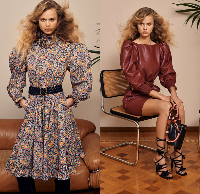 Philosophy di Lorenzo Serafini 2020 Pre-Fall Autumn Womens Lookbook Presentation - Wildflowers Micro Mini Flowers Floral Print Liberty London Archive Victorian 1980s Eighties Western Fringes Feathers Accordion Pleats Lace Embroidery Ruffles Blouse Wool Fur Shearling Coat Vest Poufy Shoulders Scarf Prairie Dress Silk Sheer Chiffon Knit Sweaterdress High Waist Denim Jeans Shorts Midi Skirt Bucket Bag Knee High Boots Gladiator Heels