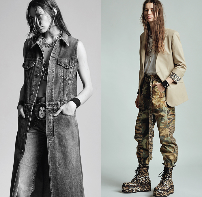 R13 by Chris Leba 2020 Pre-Fall Autumn Womens Lookbook Presentation - Grunge Elvis Presley Military Fatigues Camouflage Scarf Big Cargo Flap Pockets Long Sleeve Blouse Sleeveless Tabard Long Vest Chain Patchwork Leopard Cheetah Animal Spots Blazer Oversized Trench Coat Plaid Check Snakeskin Destroyed Sweater Slouchy Pants Aviator Leather Jacket Pantsuit Flowers Floral Shirtdress Motorcycle Biker Platform Boots