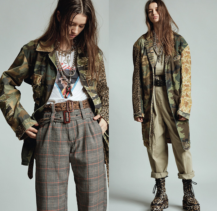 R13 by Chris Leba 2020 Pre-Fall Autumn Womens Lookbook Presentation - Grunge Elvis Presley Military Fatigues Camouflage Scarf Big Cargo Flap Pockets Long Sleeve Blouse Sleeveless Tabard Long Vest Chain Patchwork Leopard Cheetah Animal Spots Blazer Oversized Trench Coat Plaid Check Snakeskin Destroyed Sweater Slouchy Pants Aviator Leather Jacket Pantsuit Flowers Floral Shirtdress Motorcycle Biker Platform Boots