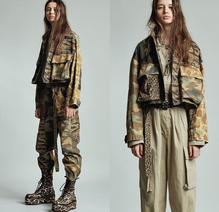 R13 by Chris Leba 2020 Pre-Fall Autumn Womens Lookbook Presentation - Grunge Elvis Presley Military Fatigues Camouflage Scarf Big Cargo Flap Pockets Long Sleeve Blouse Sleeveless Tabard Long Vest Chain Patchwork Leopard Cheetah Animal Spots Blazer Oversized Trench Coat Plaid Check Snakeskin Destroyed Sweater Slouchy Pants Aviator Leather Jacket Pantsuit Flowers Floral Shirtdress Motorcycle Biker Platform Boots