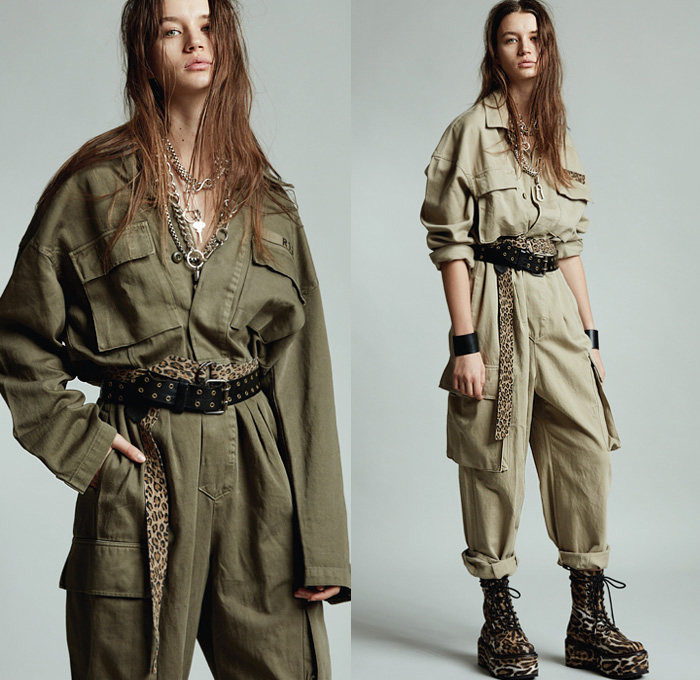 R13 by Chris Leba 2020 Pre-Fall Autumn Womens Lookbook Presentation - Grunge Elvis Presley Military Fatigues Camouflage Scarf Big Cargo Flap Pockets Long Sleeve Blouse Sleeveless Tabard Long Vest Chain Patchwork Leopard Cheetah Animal Spots Blazer Oversized Trench Coat Plaid Check Snakeskin Destroyed Sweater Slouchy Pants Aviator Leather Jacket Pantsuit Flowers Floral Shirtdress Motorcycle Biker Platform Boots
