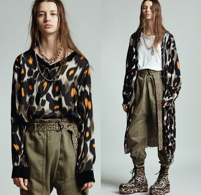 R13 by Chris Leba 2020 Pre-Fall Autumn Womens Lookbook Presentation - Grunge Elvis Presley Military Fatigues Camouflage Scarf Big Cargo Flap Pockets Long Sleeve Blouse Sleeveless Tabard Long Vest Chain Patchwork Leopard Cheetah Animal Spots Blazer Oversized Trench Coat Plaid Check Snakeskin Destroyed Sweater Slouchy Pants Aviator Leather Jacket Pantsuit Flowers Floral Shirtdress Motorcycle Biker Platform Boots