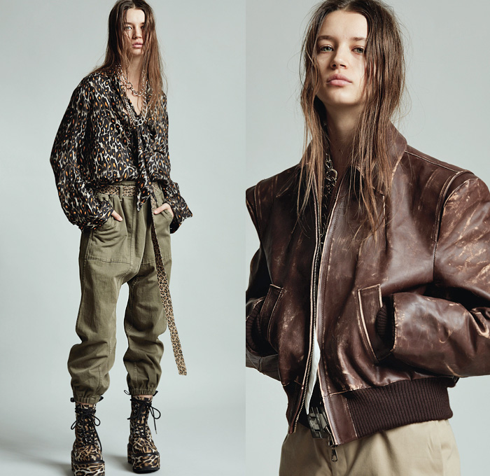 R13 by Chris Leba 2020 Pre-Fall Autumn Womens Lookbook Presentation - Grunge Elvis Presley Military Fatigues Camouflage Scarf Big Cargo Flap Pockets Long Sleeve Blouse Sleeveless Tabard Long Vest Chain Patchwork Leopard Cheetah Animal Spots Blazer Oversized Trench Coat Plaid Check Snakeskin Destroyed Sweater Slouchy Pants Aviator Leather Jacket Pantsuit Flowers Floral Shirtdress Motorcycle Biker Platform Boots