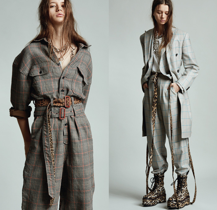 R13 by Chris Leba 2020 Pre-Fall Autumn Womens Lookbook Presentation - Grunge Elvis Presley Military Fatigues Camouflage Scarf Big Cargo Flap Pockets Long Sleeve Blouse Sleeveless Tabard Long Vest Chain Patchwork Leopard Cheetah Animal Spots Blazer Oversized Trench Coat Plaid Check Snakeskin Destroyed Sweater Slouchy Pants Aviator Leather Jacket Pantsuit Flowers Floral Shirtdress Motorcycle Biker Platform Boots