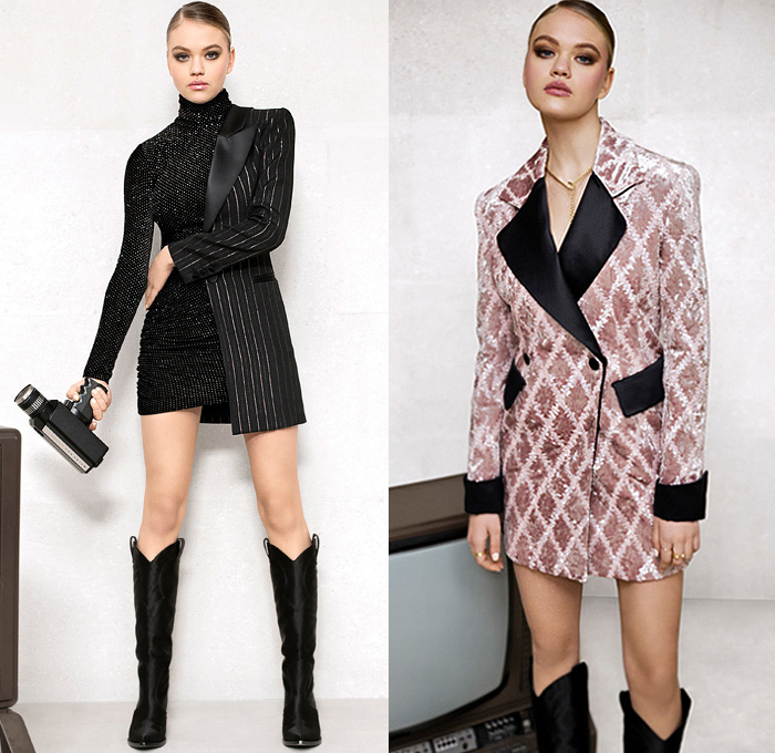 Redemption 2020 Pre-Fall Autumn Womens Lookbook Presentation - Rock n Roll Blazer Ruffles Draped Shearling Fur Coat Silk Satin Bedazzled Embroidery Sequins Pussycat Bow Plaid Check Vest Cutout Wide Sleeves Blouse Strapless Ruffles One Shoulder Bodycon Dress Motorcycle Biker Jacket Flower Bud Split Half Capelet Velvet Wrap Fringes Threads Pinstripe Metallic Grunge Denim Jeans Wide Leg Flare Polka Dots Sheer Tulle Stockings Tights Knee High Boots