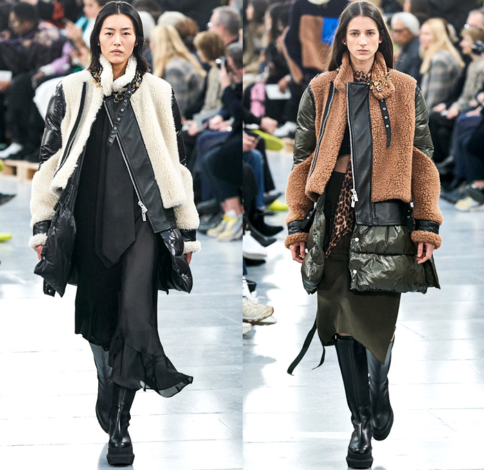 Sacai 2020 Pre-Fall Autumn Womens Lookbook Presentation Designer Chitose Abe - Deconstructed Hybrid Zipper Split Half Layers Trench Coat Knit Crochet Weave Tweed Fringes Turtleneck Sweaterdress Accordion Pleats Sheer Chiffon Tulle Velvet Paisley Bandanna Cheetah Silk Satin Draped Cargo Utility Pockets Strap Quilted Puffer Parka Shearling Fur Fleece High Slit Skirt Check Plaid Bomber Jacket Ring Necklace Handbag Micro Bag Box Boots Trainers Baseball Cap