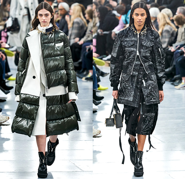 Sacai 2020 Pre-Fall Autumn Womens Lookbook Presentation Designer Chitose Abe - Deconstructed Hybrid Zipper Split Half Layers Trench Coat Knit Crochet Weave Tweed Fringes Turtleneck Sweaterdress Accordion Pleats Sheer Chiffon Tulle Velvet Paisley Bandanna Cheetah Silk Satin Draped Cargo Utility Pockets Strap Quilted Puffer Parka Shearling Fur Fleece High Slit Skirt Check Plaid Bomber Jacket Ring Necklace Handbag Micro Bag Box Boots Trainers Baseball Cap