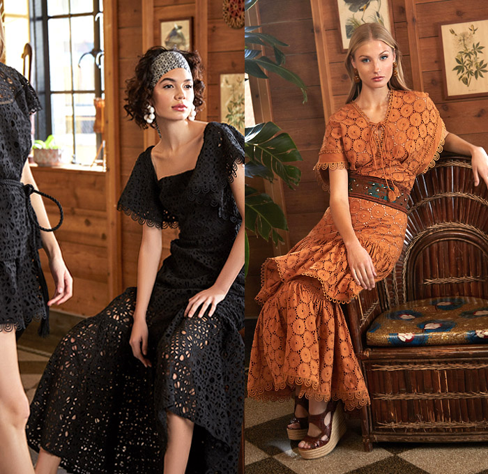 Sachin + Babi 2020 Pre-Fall Autumn Womens Lookbook Presentation - Lace Cutwork Lasercut Holes Eyelets Loops Shirtdress Gown Flowers Floral Stripes Summer Prairie Maxi Dress Wide Bell Sleeves Lace Up Tied Rope Blouse Wide Leg Palazzo Pants Halter Top Ruffles Tiered Skirt Tassels Fringes Bedazzled Gemstones Crystals Studs Sheer Tulle Draped Head Scard Wedge