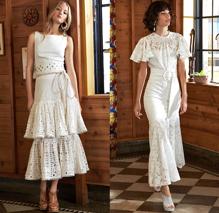 Sachin + Babi 2020 Pre-Fall Autumn Womens Lookbook Presentation - Lace Cutwork Lasercut Holes Eyelets Loops Shirtdress Gown Flowers Floral Stripes Summer Prairie Maxi Dress Wide Bell Sleeves Lace Up Tied Rope Blouse Wide Leg Palazzo Pants Halter Top Ruffles Tiered Skirt Tassels Fringes Bedazzled Gemstones Crystals Studs Sheer Tulle Draped Head Scard Wedge