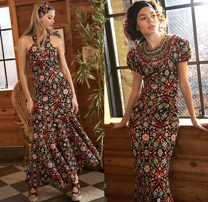 Sachin + Babi 2020 Pre-Fall Autumn Womens Lookbook Presentation - Lace Cutwork Lasercut Holes Eyelets Loops Shirtdress Gown Flowers Floral Stripes Summer Prairie Maxi Dress Wide Bell Sleeves Lace Up Tied Rope Blouse Wide Leg Palazzo Pants Halter Top Ruffles Tiered Skirt Tassels Fringes Bedazzled Gemstones Crystals Studs Sheer Tulle Draped Head Scard Wedge