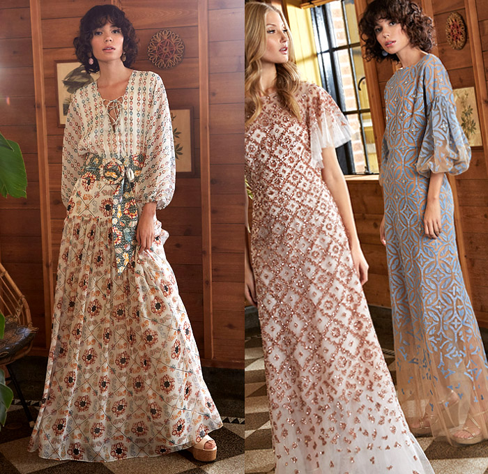 Sachin + Babi 2020 Pre-Fall Autumn Womens Lookbook Presentation - Lace Cutwork Lasercut Holes Eyelets Loops Shirtdress Gown Flowers Floral Stripes Summer Prairie Maxi Dress Wide Bell Sleeves Lace Up Tied Rope Blouse Wide Leg Palazzo Pants Halter Top Ruffles Tiered Skirt Tassels Fringes Bedazzled Gemstones Crystals Studs Sheer Tulle Draped Head Scard Wedge