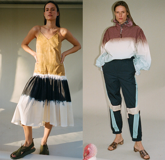 Sea New York 2020 Pre-Fall Autumn Womens Lookbook Presentation - Handicraft Woven Tie Dye Acid Wash Denim Jeans Quilted Patchwork Knit Crochet Mesh Eyelets Embroidery Victorian Cardigan Jacket Long Sleeve Blouse Onesie Jumpsuit Coveralls Boiler Suit Poufy Shoulders Sheer Tulle Shorts Coat Hoodie Sweatshirt Prairie Dress Noodle Strap Trackpants Loafers Sandals