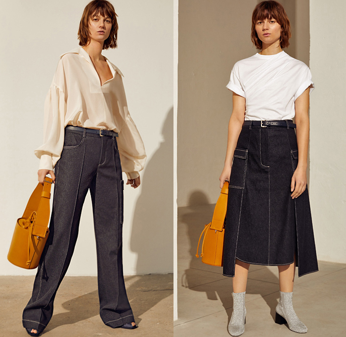 Sportmax 2020 Pre-Fall Autumn Womens Lookbook Presentation - Minimalist Daywear Bonded Leather Trench Coat Sleeveless Tabard Blazer Jacket Beret Turtleneck Wrapped Geometric Sleeves Blouse Slouchy Denim Jeans Pants Cargo Utility Flap Pockets Skirt Asymmetrical Buttons Pleats Straps Belt Dress Miniskirt Bucket Bag Flats Boots