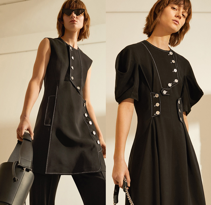 Sportmax 2020 Pre-Fall Autumn Womens Lookbook Presentation - Minimalist Daywear Bonded Leather Trench Coat Sleeveless Tabard Blazer Jacket Beret Turtleneck Wrapped Geometric Sleeves Blouse Slouchy Denim Jeans Pants Cargo Utility Flap Pockets Skirt Asymmetrical Buttons Pleats Straps Belt Dress Miniskirt Bucket Bag Flats Boots