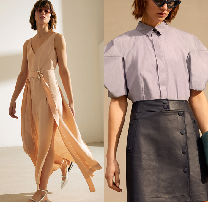 Sportmax 2020 Pre-Fall Autumn Womens Lookbook Presentation - Minimalist Daywear Bonded Leather Trench Coat Sleeveless Tabard Blazer Jacket Beret Turtleneck Wrapped Geometric Sleeves Blouse Slouchy Denim Jeans Pants Cargo Utility Flap Pockets Skirt Asymmetrical Buttons Pleats Straps Belt Dress Miniskirt Bucket Bag Flats Boots