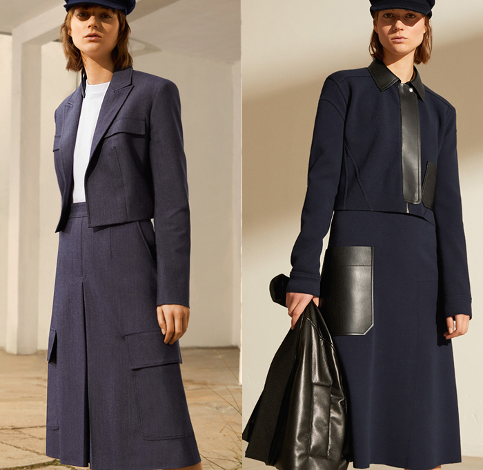 Sportmax 2020 Pre-Fall Autumn Womens Lookbook Presentation - Minimalist Daywear Bonded Leather Trench Coat Sleeveless Tabard Blazer Jacket Beret Turtleneck Wrapped Geometric Sleeves Blouse Slouchy Denim Jeans Pants Cargo Utility Flap Pockets Skirt Asymmetrical Buttons Pleats Straps Belt Dress Miniskirt Bucket Bag Flats Boots