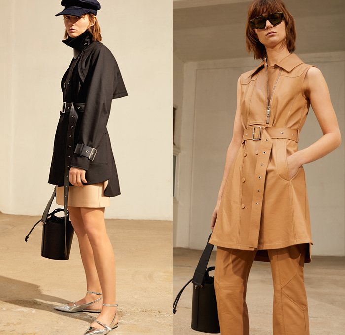 Sportmax 2020 Pre-Fall Autumn Womens Lookbook Presentation - Minimalist Daywear Bonded Leather Trench Coat Sleeveless Tabard Blazer Jacket Beret Turtleneck Wrapped Geometric Sleeves Blouse Slouchy Denim Jeans Pants Cargo Utility Flap Pockets Skirt Asymmetrical Buttons Pleats Straps Belt Dress Miniskirt Bucket Bag Flats Boots