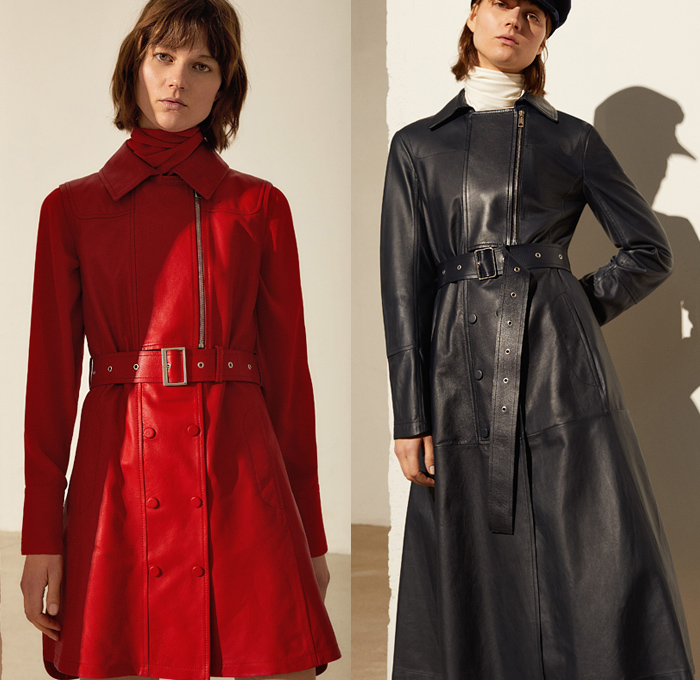 Sportmax 2020 Pre-Fall Autumn Womens Lookbook Presentation - Minimalist Daywear Bonded Leather Trench Coat Sleeveless Tabard Blazer Jacket Beret Turtleneck Wrapped Geometric Sleeves Blouse Slouchy Denim Jeans Pants Cargo Utility Flap Pockets Skirt Asymmetrical Buttons Pleats Straps Belt Dress Miniskirt Bucket Bag Flats Boots