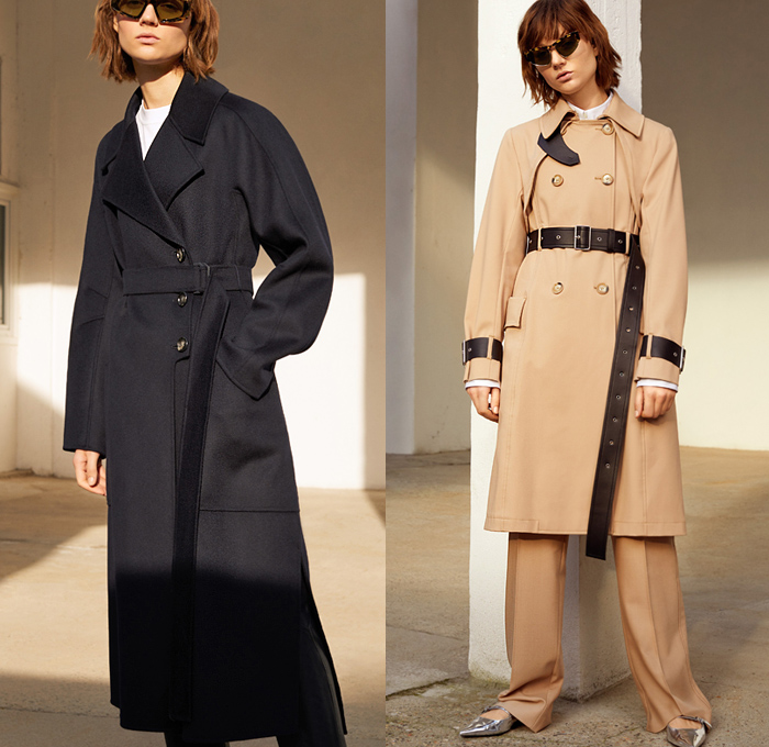 Sportmax 2020 Pre-Fall Autumn Womens Lookbook Presentation - Minimalist Daywear Bonded Leather Trench Coat Sleeveless Tabard Blazer Jacket Beret Turtleneck Wrapped Geometric Sleeves Blouse Slouchy Denim Jeans Pants Cargo Utility Flap Pockets Skirt Asymmetrical Buttons Pleats Straps Belt Dress Miniskirt Bucket Bag Flats Boots