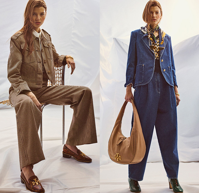 Tory Burch 2020 Pre-Fall Autumn Womens Lookbook Presentation - Amelia Earhart Bandanna Paisley Decorative Art Tribal Flowers Floral Print Embroidery Geometric Fringes Knit Cardigan Denim Jeans Blazer Coat Tie Up Waist Knot Medallion Maxi Dress Wide Leg Palazzo Pants Midi Skirt Cookie Cutter Handbag Sunglasses Scarf Gladiator Sandals Snakeskin Loafers 