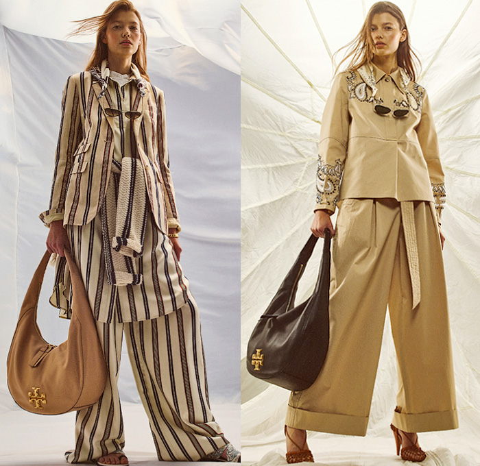 Tory Burch 2020 Pre-Fall Autumn Womens Lookbook Presentation - Amelia Earhart Bandanna Paisley Decorative Art Tribal Flowers Floral Print Embroidery Geometric Fringes Knit Cardigan Denim Jeans Blazer Coat Tie Up Waist Knot Medallion Maxi Dress Wide Leg Palazzo Pants Midi Skirt Cookie Cutter Handbag Sunglasses Scarf Gladiator Sandals Snakeskin Loafers 