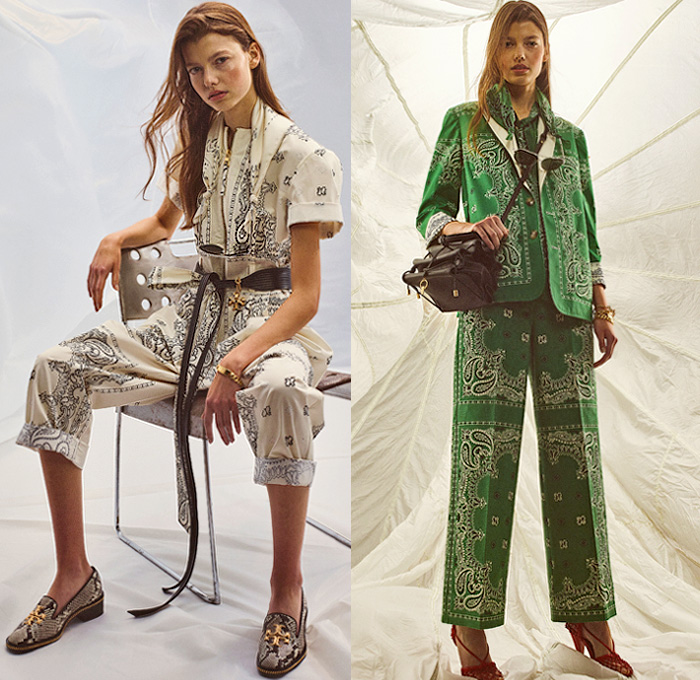 Tory Burch 2020 Pre-Fall Autumn Womens Lookbook Presentation - Amelia Earhart Bandanna Paisley Decorative Art Tribal Flowers Floral Print Embroidery Geometric Fringes Knit Cardigan Denim Jeans Blazer Coat Tie Up Waist Knot Medallion Maxi Dress Wide Leg Palazzo Pants Midi Skirt Cookie Cutter Handbag Sunglasses Scarf Gladiator Sandals Snakeskin Loafers 